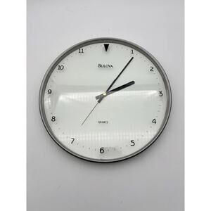 Bulova Quartz White Wall Clock 12”x 12”. Tested Works. Very Good Condition.